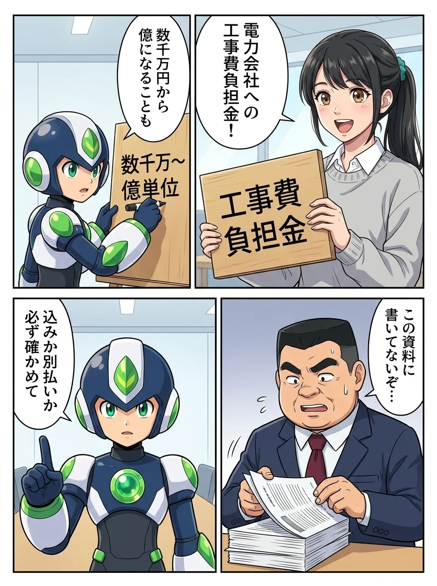 アオイ「電力会社への」/アオイ「工事費負担金!」/タンソーマン「数千万円から」/タンソーマン「億になることも」/ケンジ「この資料に」/ケンジ「書いてないぞ…」/タンソーマン「込みか別払いか」/タンソーマン「必ず確かめて」