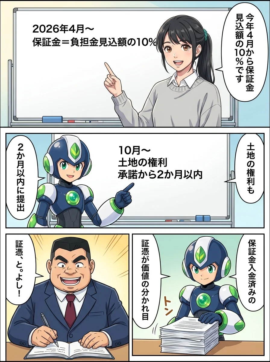 アオイ「今年4月から保証金」/アオイ「見込額の10%です」/タンソーマン「土地の権利も」/タンソーマン「2か月以内に提出」/タンソーマン「保証金入金済みの」/タンソーマン「証憑が価値の分かれ目」/ケンジ「証憑、と。よし!」