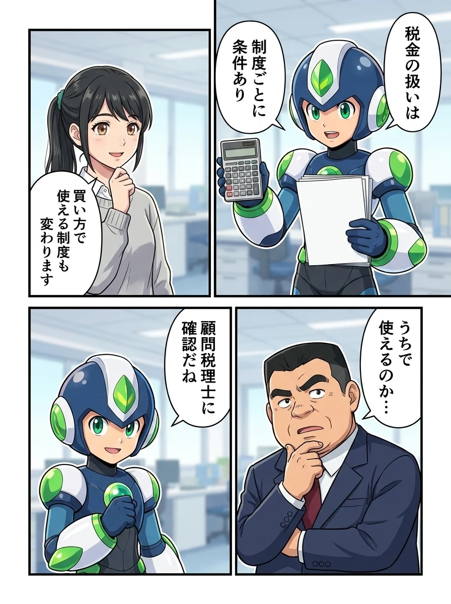 タンソーマン「税金の扱いは」/タンソーマン「制度ごとに条件あり」/アオイ「買い方で使える制度も変わります」/ケンジ「うちで使えるのか…」/タンソーマン「顧問税理士に確認だね」