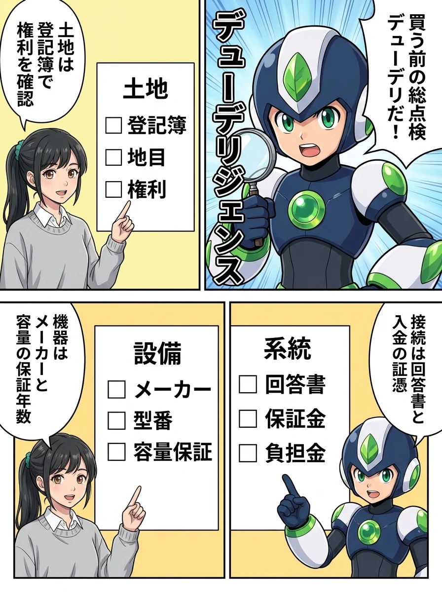 タンソーマン「買う前の総点検デューデリだ!」/アオイ「土地は登記簿で権利を確認」/タンソーマン「接続は回答書と入金の証憑」/アオイ「機器はメーカーと容量の保証年数」