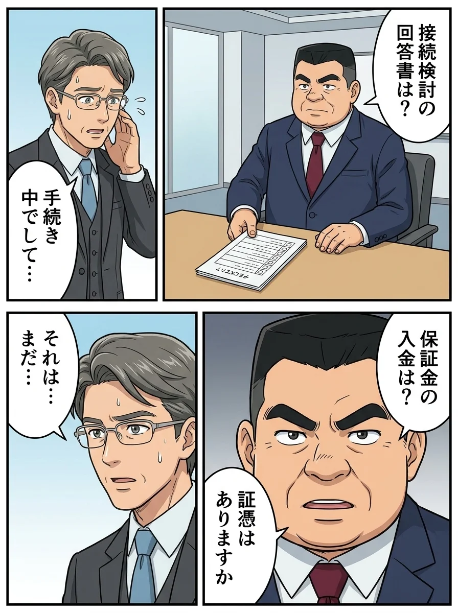 ケンジ「接続検討の回答書は?」/売り手「手続き中でして…」/ケンジ「保証金の入金は?」/ケンジ「証憑はありますか」/売り手「それは…まだ…」