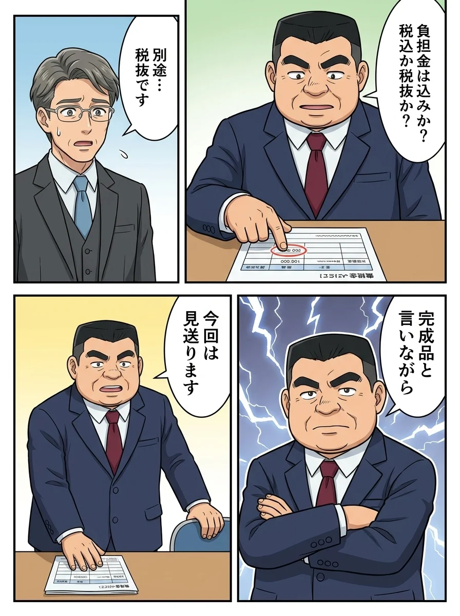 ケンジ「負担金は込みか?税込か税抜か?」/売り手「別途…税抜です」/ケンジ「完成品と言いながら」/ケンジ「今回は見送ります」