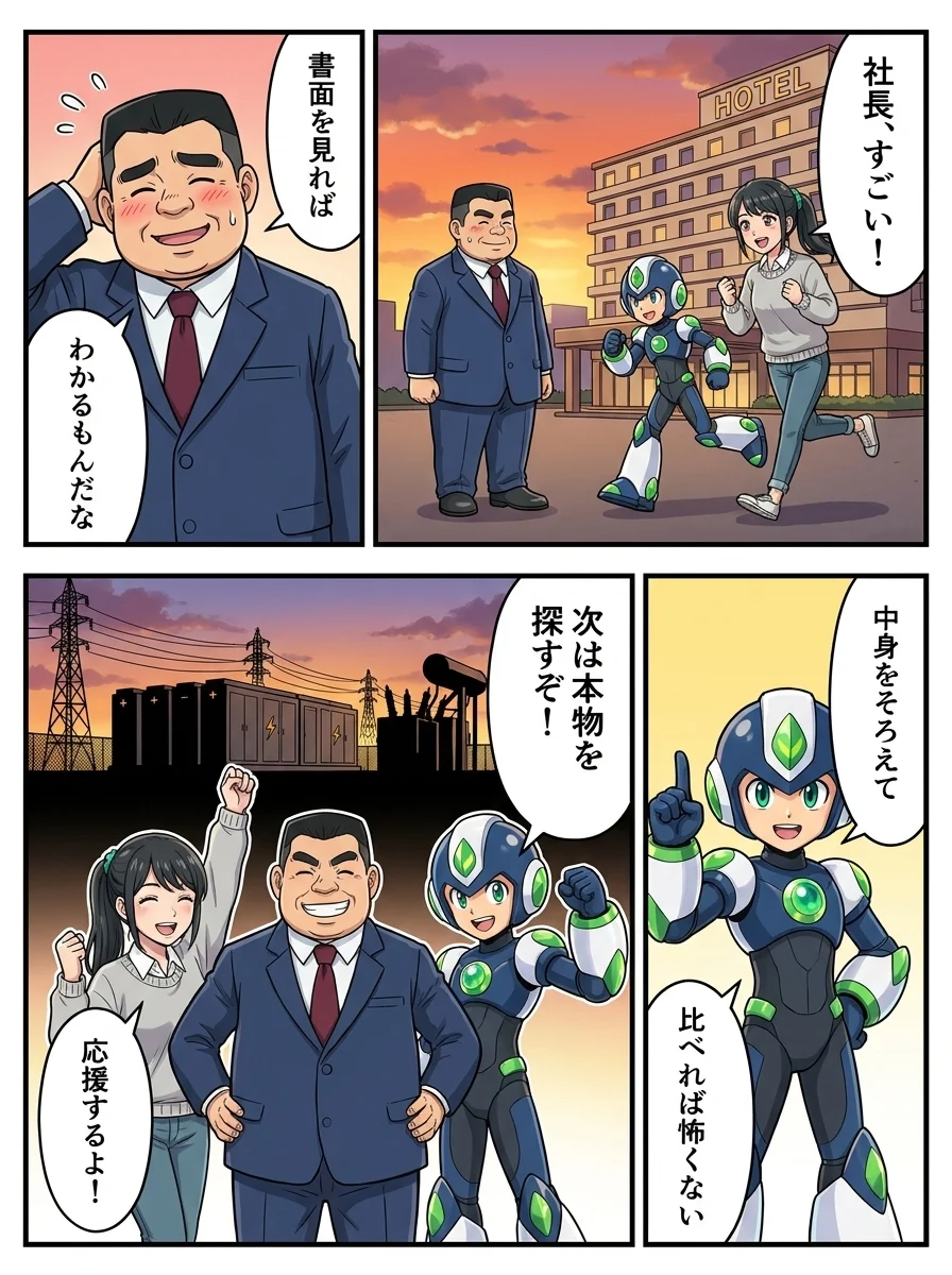 アオイ「社長、すごい!」/ケンジ「書面を見れば」/ケンジ「わかるもんだな」/タンソーマン「中身をそろえて」/タンソーマン「比べれば怖くない」/ケンジ「次は本物を探すぞ!」/タンソーマン「応援するよ!」