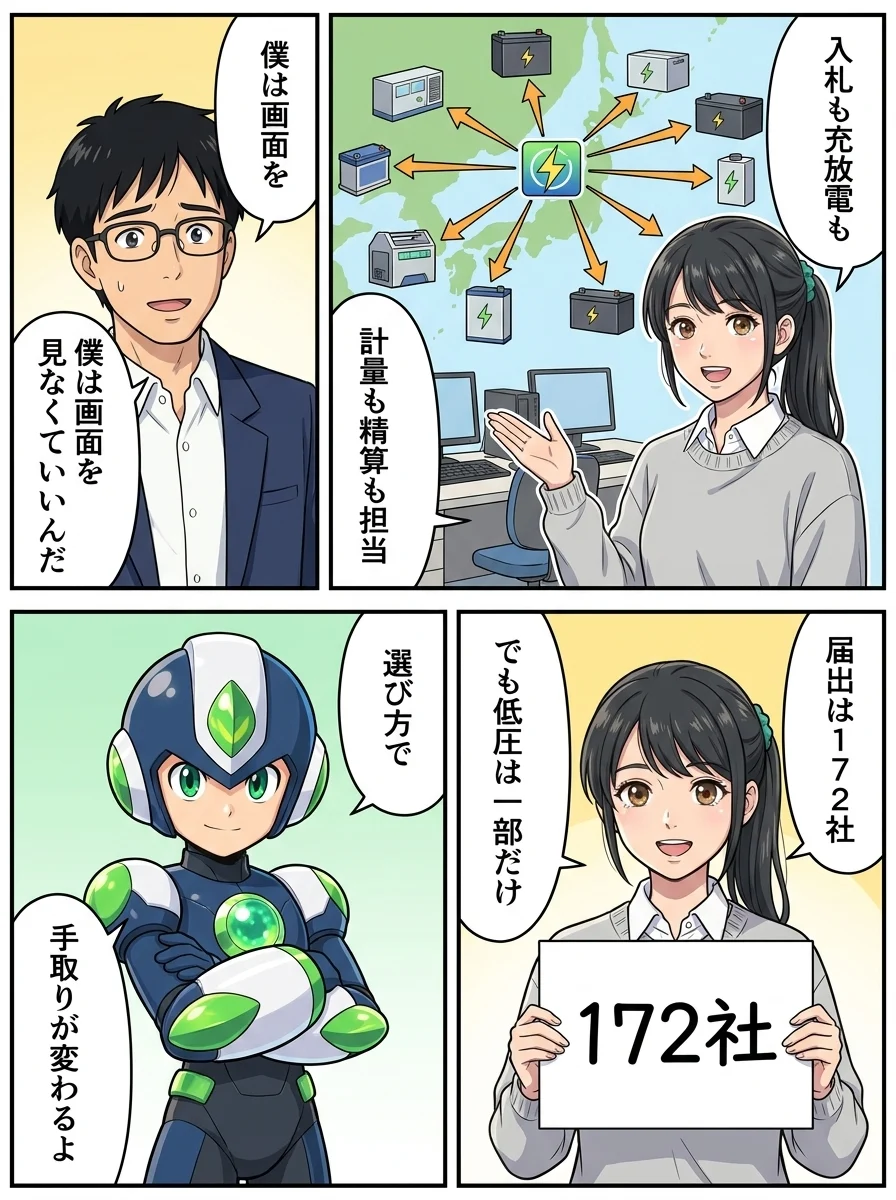 アオイ「入札も充放電も」／アオイ「計量も精算も担当」／ユウキ「僕は画面を」／ユウキ「見なくていいんだ」／アオイ「届出は172社」／アオイ「でも低圧は一部だけ」／タンソーマン「選び方で」／タンソーマン「手取りが変わるよ」