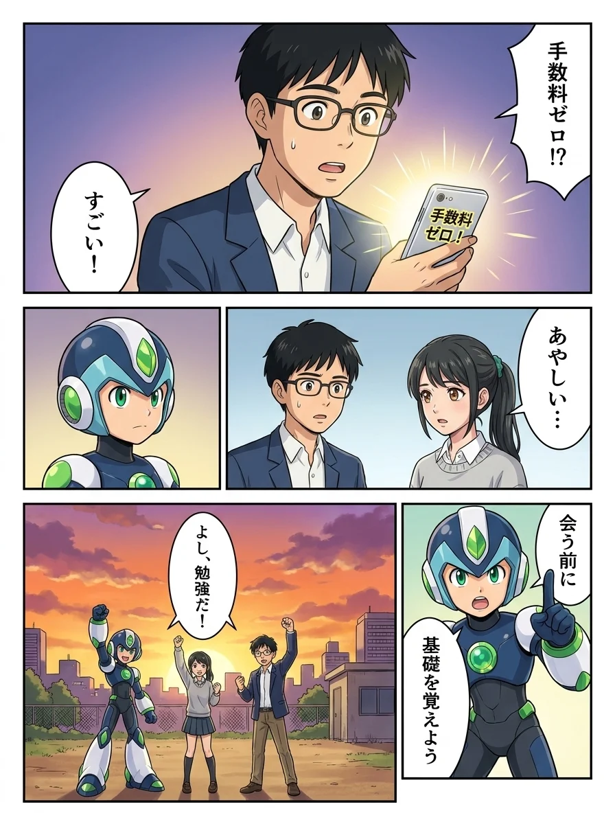 ユウキ「手数料ゼロ!?」／ユウキ「すごい！」／アオイ「あやしい…」／タンソーマン「会う前に」／タンソーマン「基礎を覚えよう」／ユウキ「よし、勉強だ！」