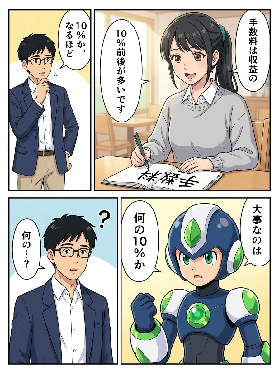 アオイ「手数料は収益の」/アオイ「10%前後が多いです」/ユウキ「10%か、なるほど」/タンソーマン「大事なのは」/タンソーマン「何の10%か」/ユウキ「何の…?」