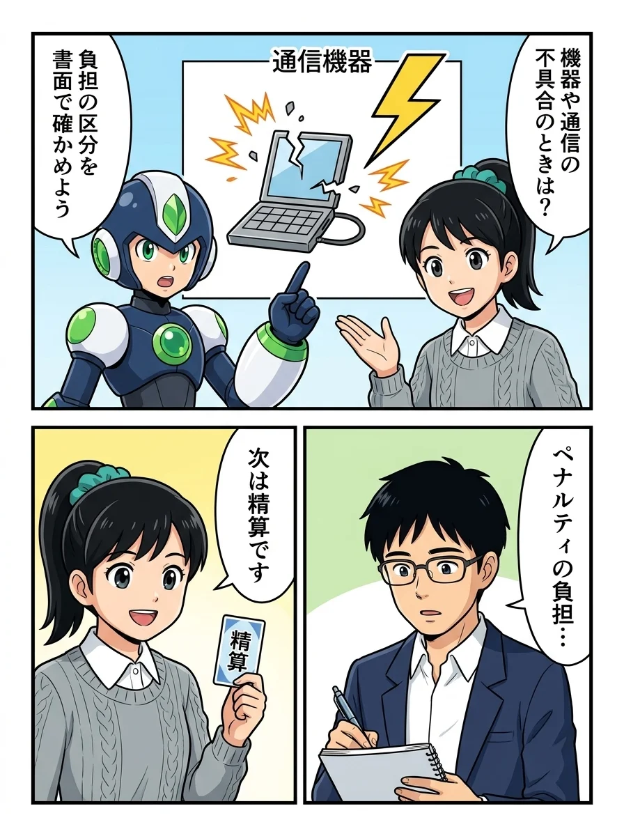 アオイ「機器や通信の」/アオイ「不具合のときは?」/タンソーマン「負担の区分を」/タンソーマン「書面で確かめよう」/ユウキ「ペナルティの負担…」/アオイ「次は精算です」