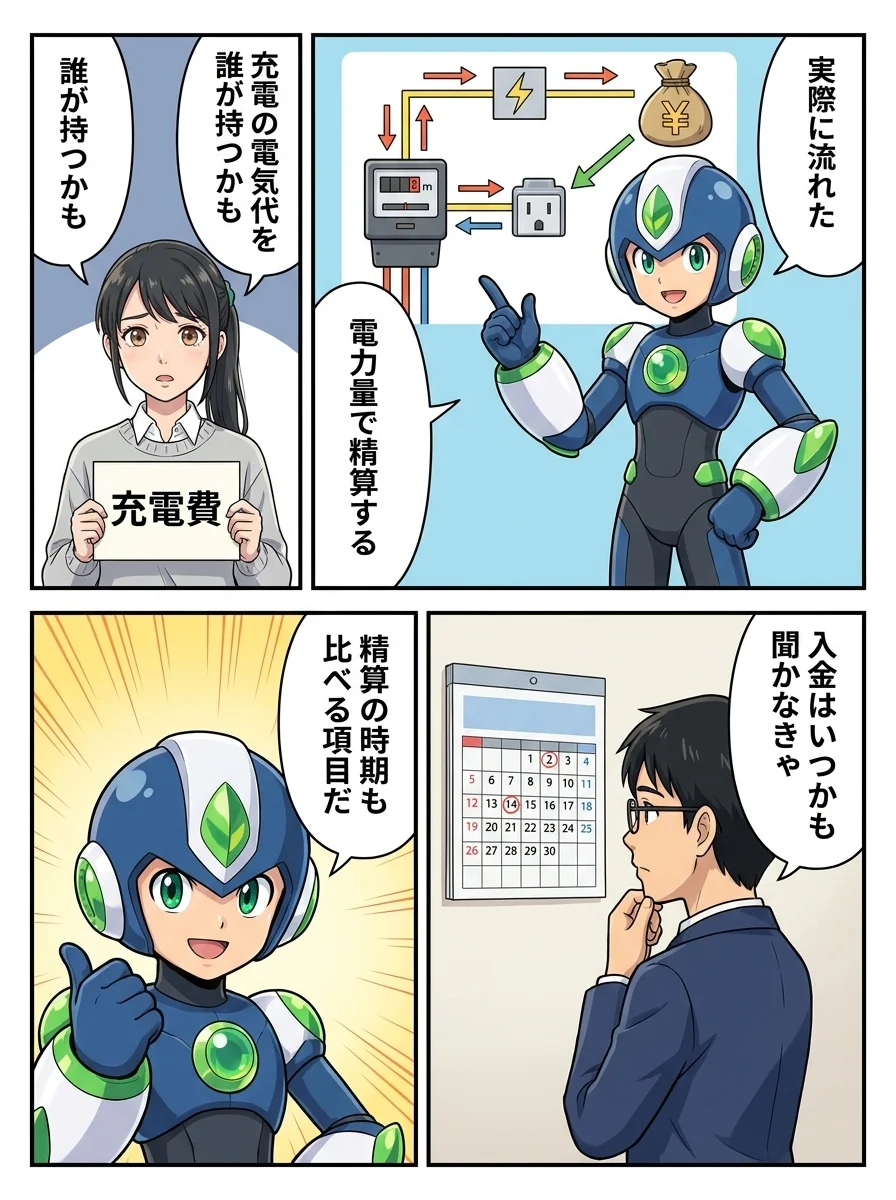 タンソーマン「実際に流れた」/タンソーマン「電力量で精算する」/アオイ「充電の電気代を」/アオイ「誰が持つかも」/ユウキ「入金はいつかも」/ユウキ「聞かなきゃ」/タンソーマン「精算の時期も」/タンソーマン「比べる項目だ」