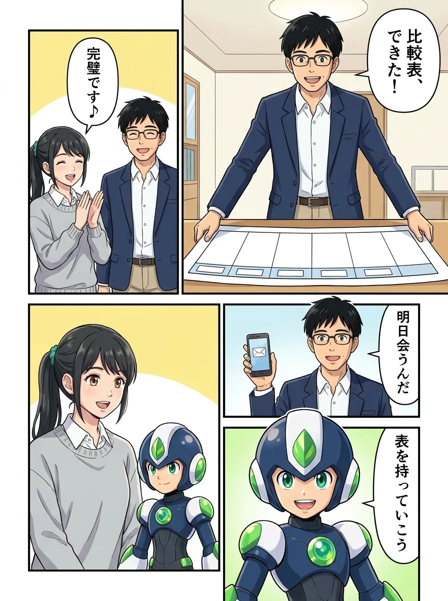 ユウキ「比較表、できた!」/アオイ「完璧です♪」/ユウキ「明日会うんだ」/タンソーマン「表を持っていこう」