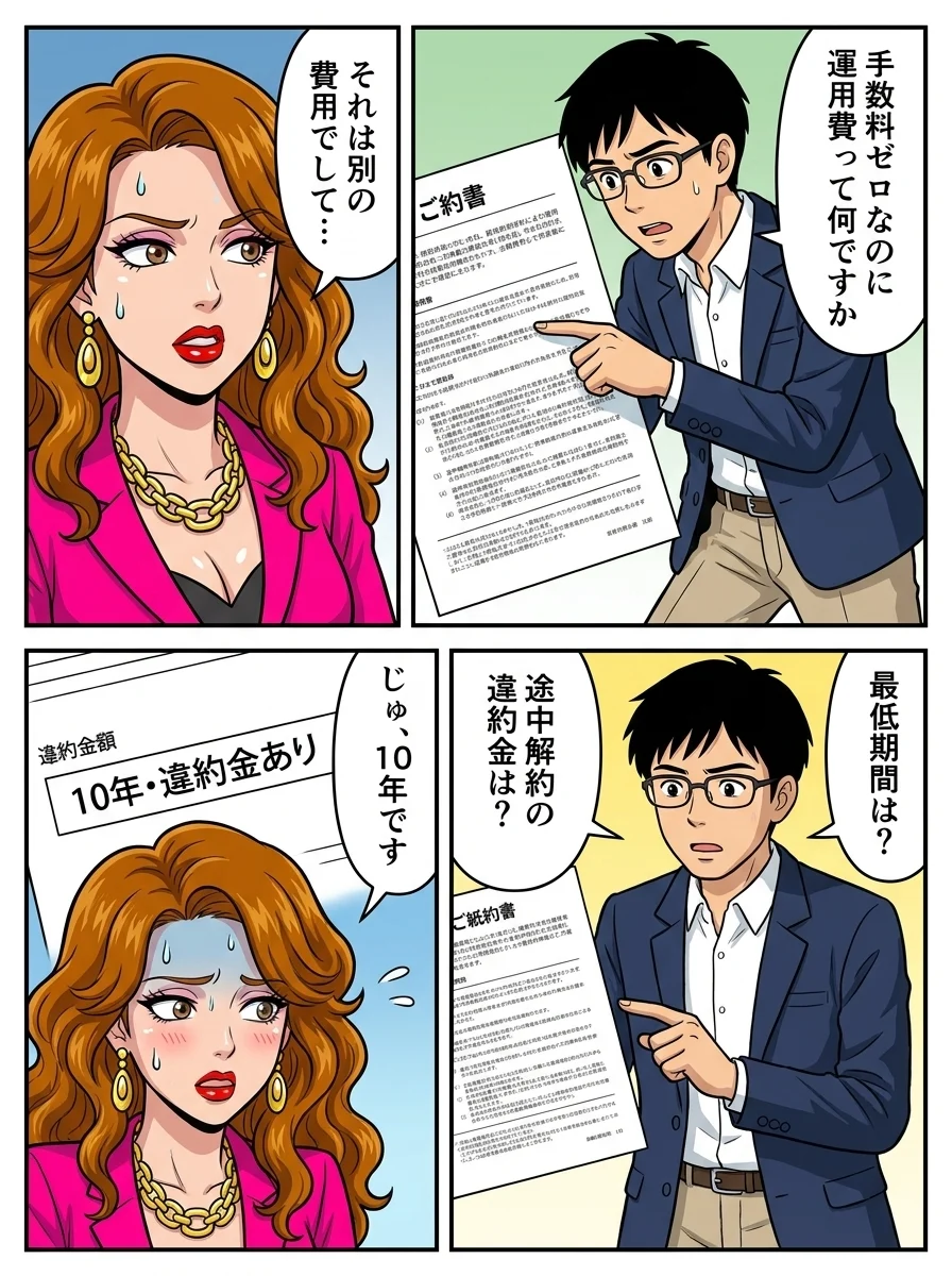 ユウキ「手数料ゼロなのに」/ユウキ「運用費って何ですか」/ピンク営業「それは別の」/ピンク営業「費用でして…」/ユウキ「最低期間は?」/ユウキ「途中解約の違約金は?」/ピンク営業「じゅ、10年です」
