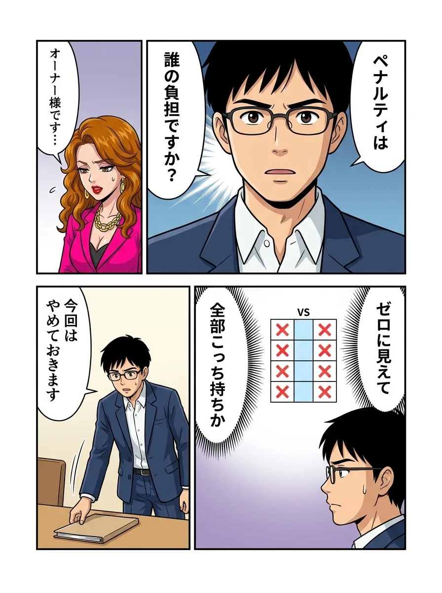 ユウキ「ペナルティは」/ユウキ「誰の負担ですか?」/ピンク営業「オーナー様です…」/ユウキ「ゼロに見えて」/ユウキ「全部こっち持ちか」/ユウキ「今回はやめておきます」