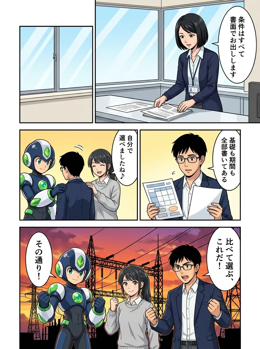 担当者「条件はすべて」/担当者「書面でお出しします」/ユウキ「基礎も期間も」/ユウキ「全部書いてある」/アオイ「自分で選べましたね♪」/ユウキ「比べて選ぶ、これだ!」/タンソーマン「その通り!」