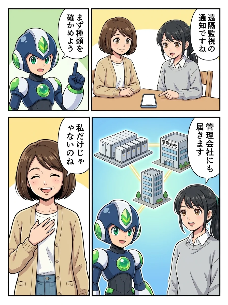 アオイ「遠隔監視の通知ですね」／タンソーマン「まず種類を確かめよう」／アオイ「管理会社にも届きます」／ミカ「私だけじゃないのね」
