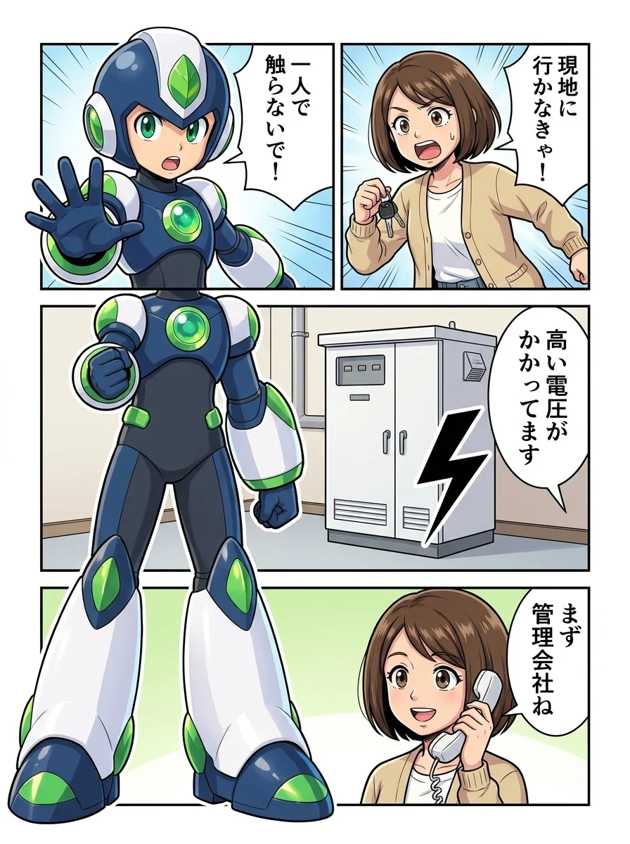ミカ「現地に行かなきゃ！」／タンソーマン「一人で触らないで！」／アオイ「高い電圧がかかってます」／ミカ「まず管理会社ね」