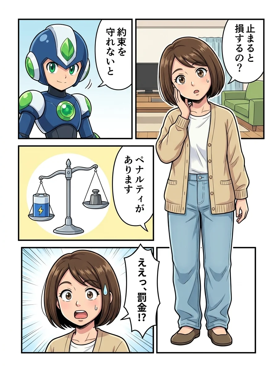 ミカ「止まると損するの?」/タンソーマン「約束を守れないと」/アオイ「ペナルティがあります」/ミカ「ええっ、罰金!?」