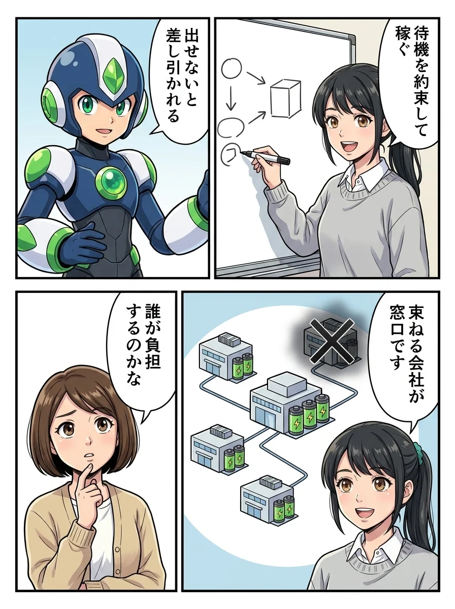 アオイ「待機を約束して稼ぐ」/タンソーマン「出せないと差し引かれる」/アオイ「束ねる会社が窓口です」/ミカ「誰が負担するのかな」
