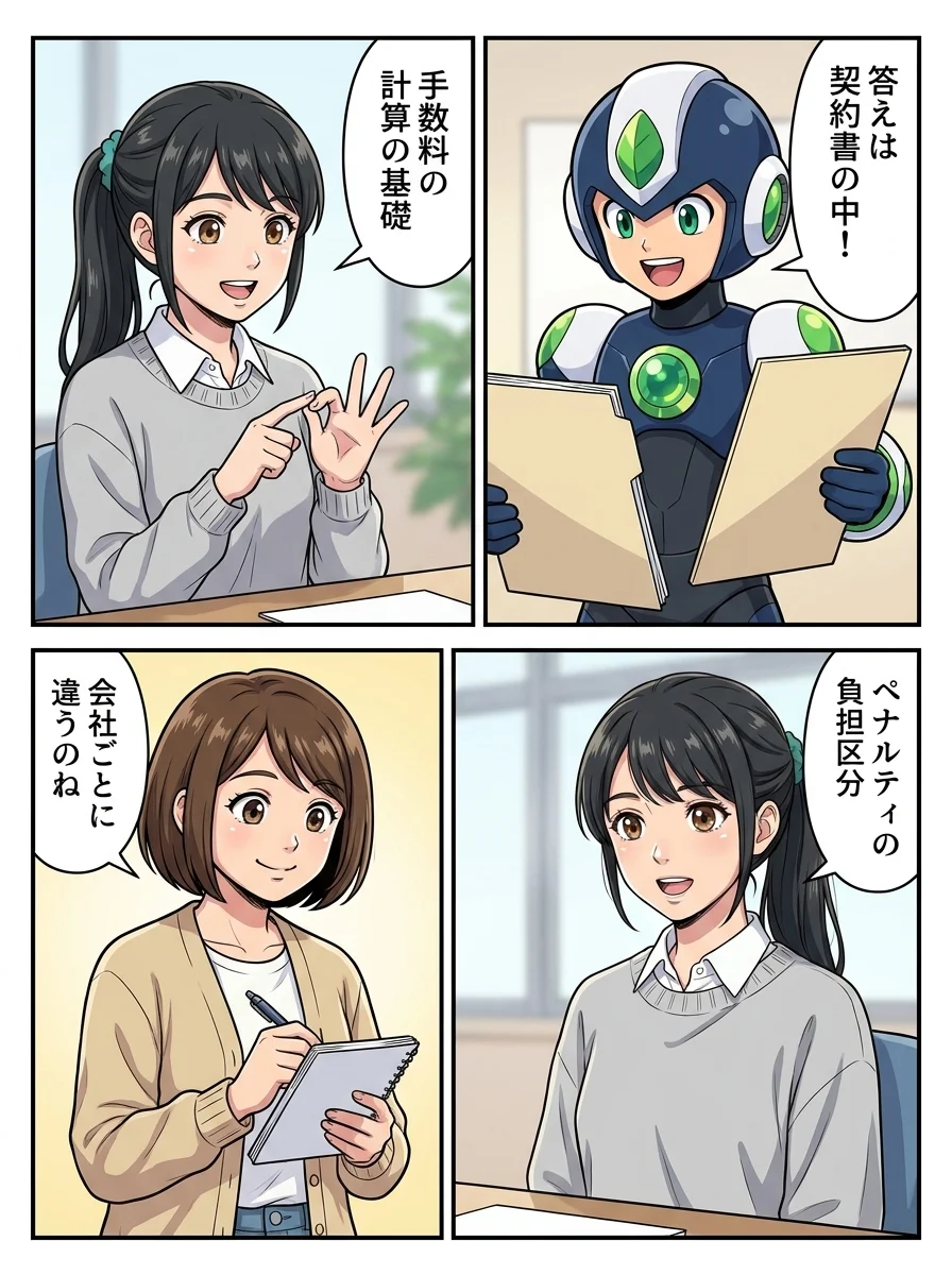 タンソーマン「答えは契約書の中!」/アオイ「手数料の計算の基礎」/アオイ「ペナルティの負担区分」/ミカ「会社ごとに違うのね」