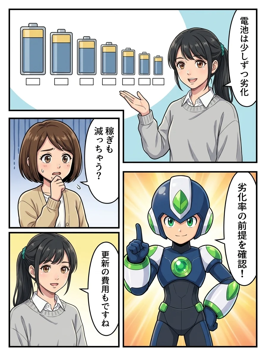 アオイ「電池は少しずつ劣化」／ミカ「稼ぎも減っちゃう？」／タンソーマン「劣化率の前提を確認！」／アオイ「更新の費用もですね」