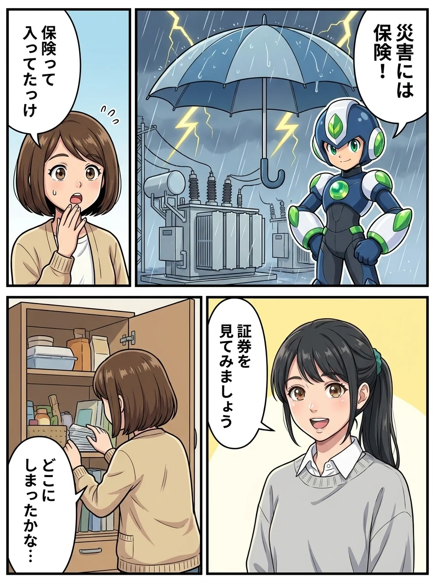 タンソーマン「災害には保険！」／ミカ「保険って入ってたっけ」／アオイ「証券を見てみましょう」／ミカ「どこにしまったかな…」