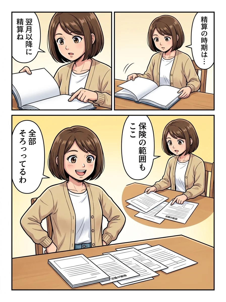 ミカ「精算の時期は…」／ミカ「翌月以降に精算ね」／ミカ「保険の範囲もここ」／ミカ「全部そろってるわ」