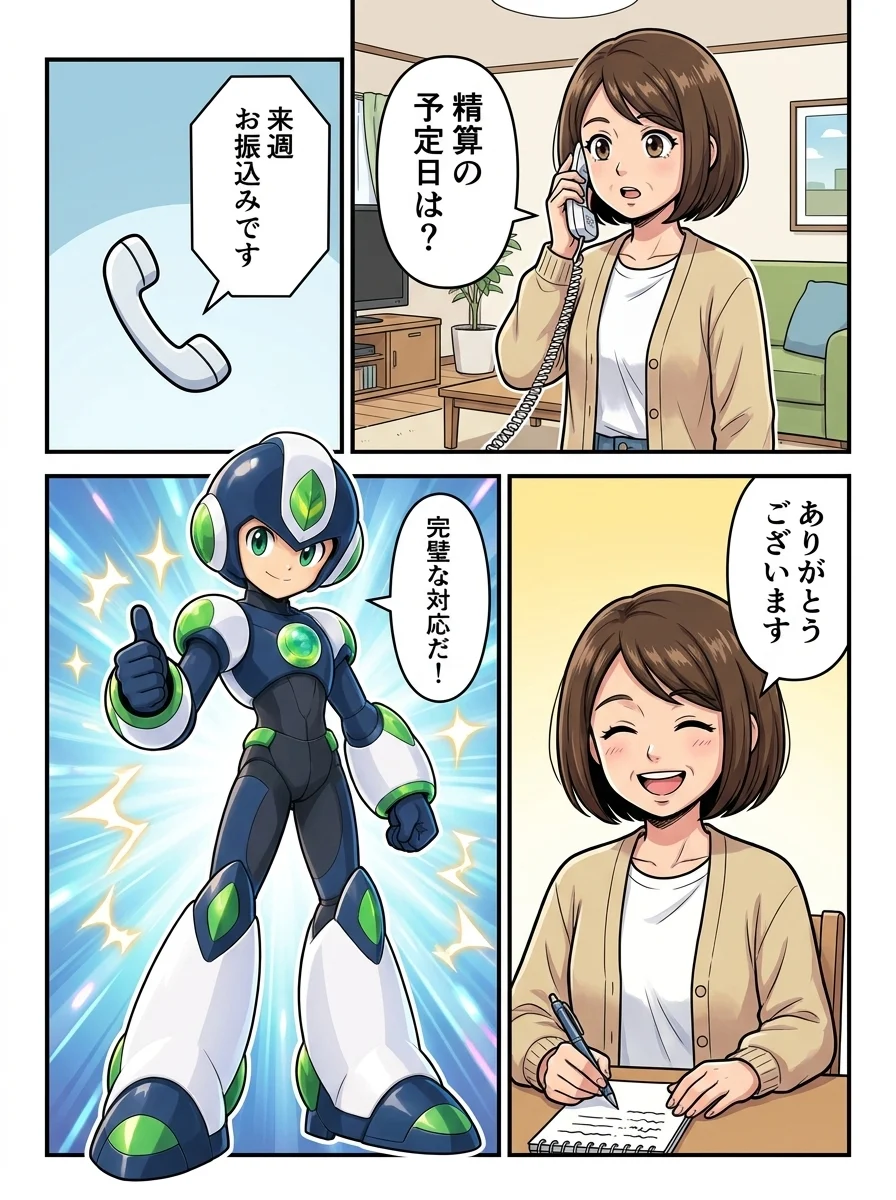 ミカ「精算の予定日は？」／担当者「来週お振込みです」／ミカ「ありがとうございます」／タンソーマン「完璧な対応だ！」