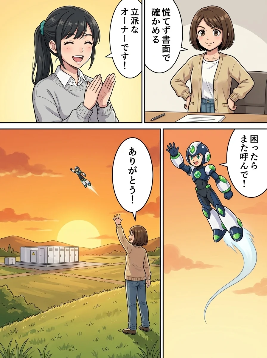 ミカ「慌てず書面で確かめる」／アオイ「立派なオーナーです！」／タンソーマン「困ったらまた呼んで！」／ミカ「ありがとう！」
