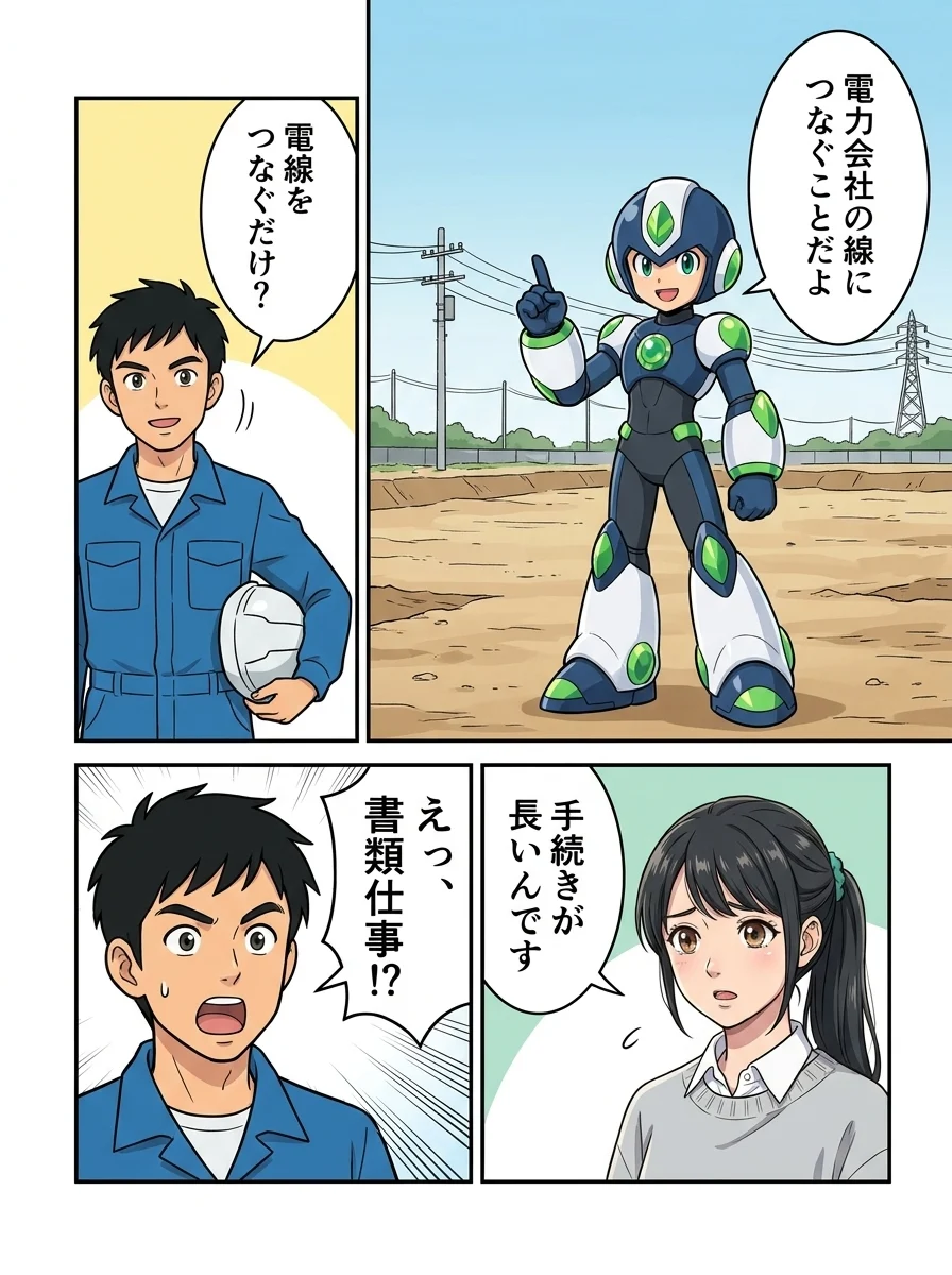 タンソーマン「電力会社の線につなぐことだよ」／ショウタ「電線をつなぐだけ？」／アオイ「手続きが長いんです」／ショウタ「えっ、書類仕事!?」