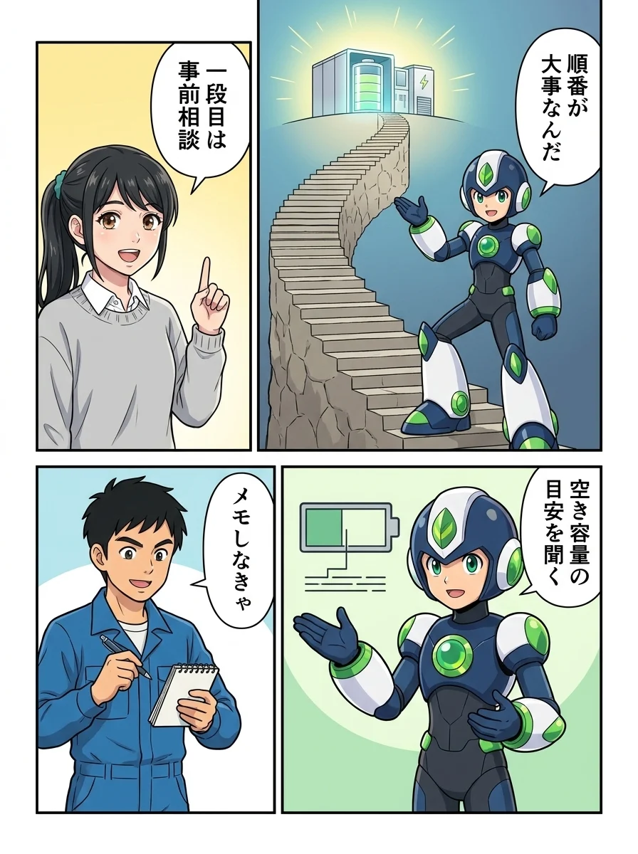 タンソーマン「順番が大事なんだ」／アオイ「一段目は事前相談」／タンソーマン「空き容量の目安を聞く」／ショウタ「メモしなきゃ」