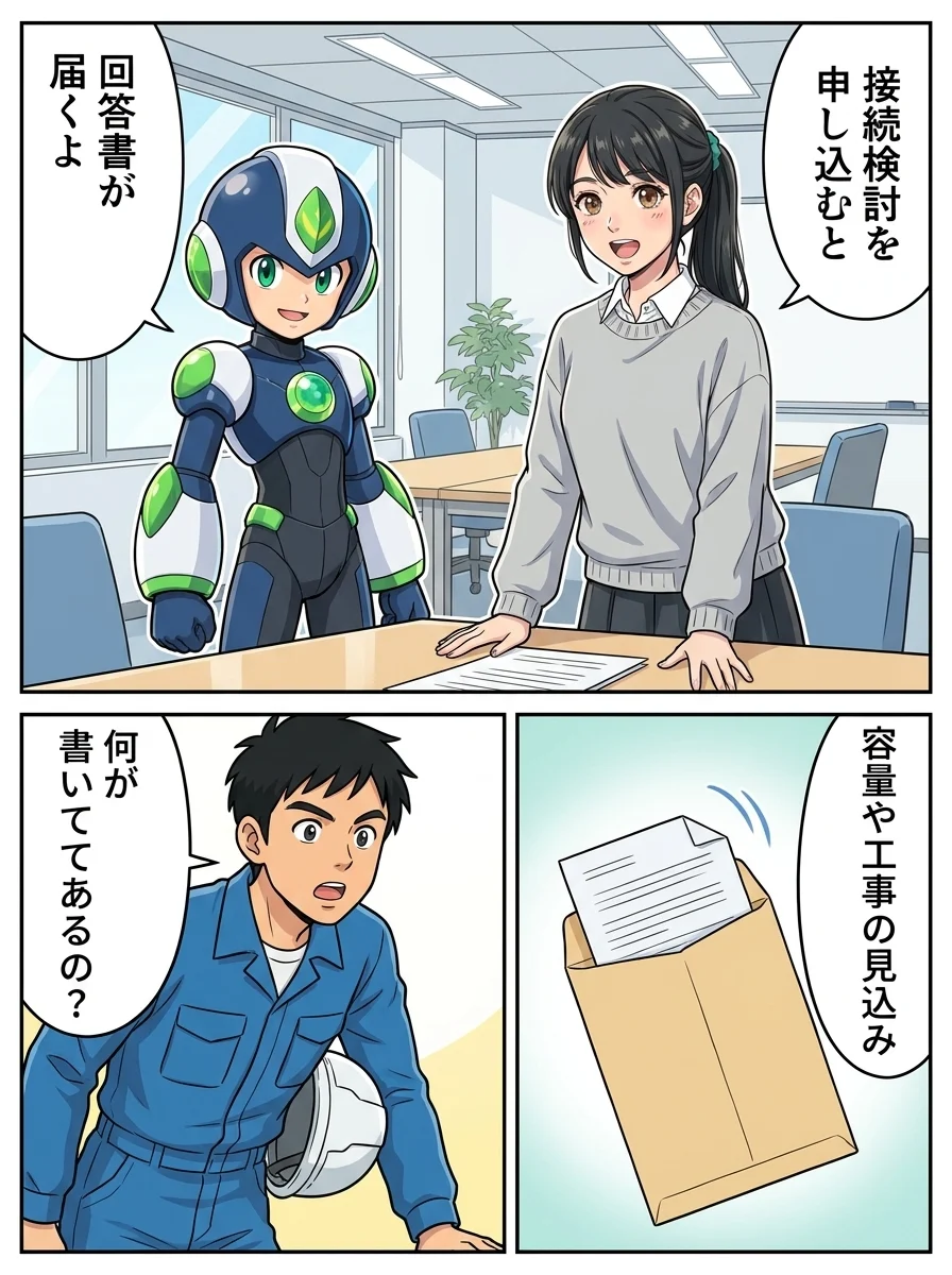 アオイ「接続検討を申し込むと」/タンソーマン「回答書が届くよ」/アオイ「容量や工事の見込み」/ショウタ「何が書いてあるの?」