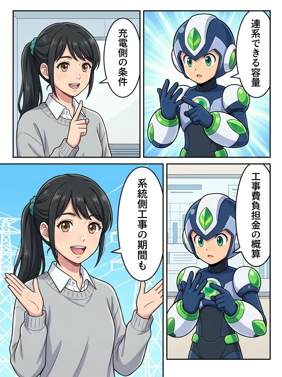 タンソーマン「連系できる容量」/アオイ「充電側の条件」/タンソーマン「工事費負担金の概算」/アオイ「系統側工事の期間も」