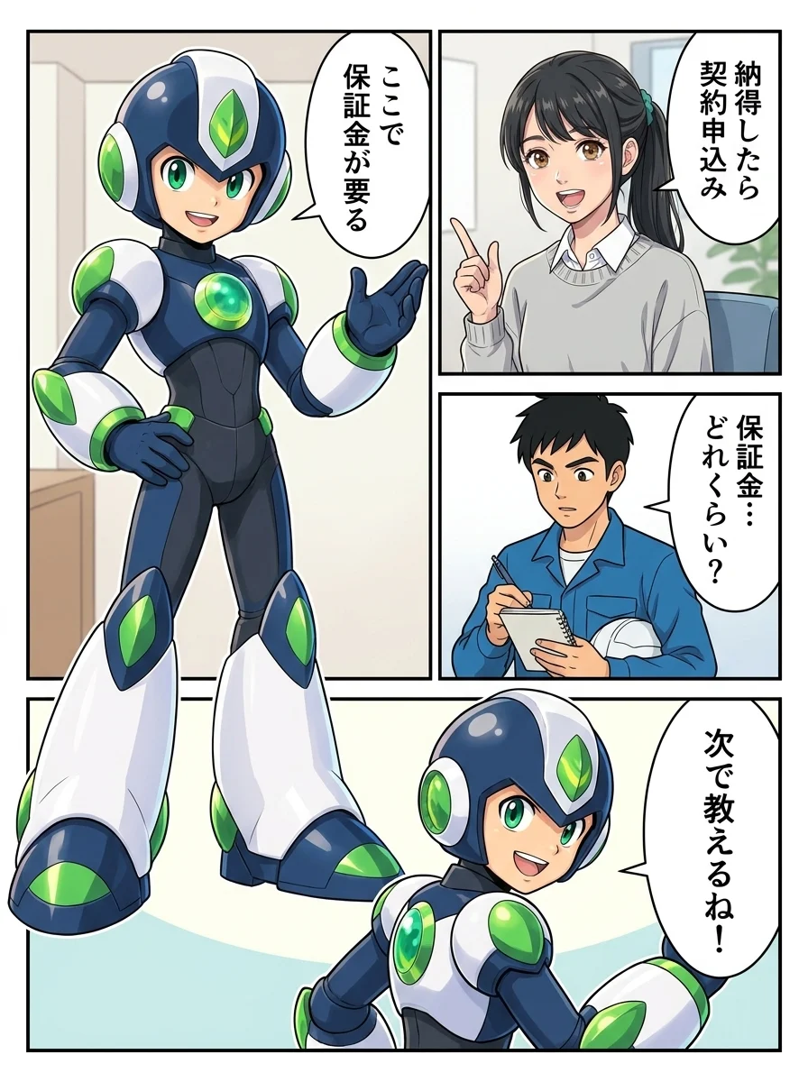 アオイ「納得したら契約申込み」/タンソーマン「ここで保証金が要る」/ショウタ「保証金…どれくらい?」/タンソーマン「次で教えるね!」