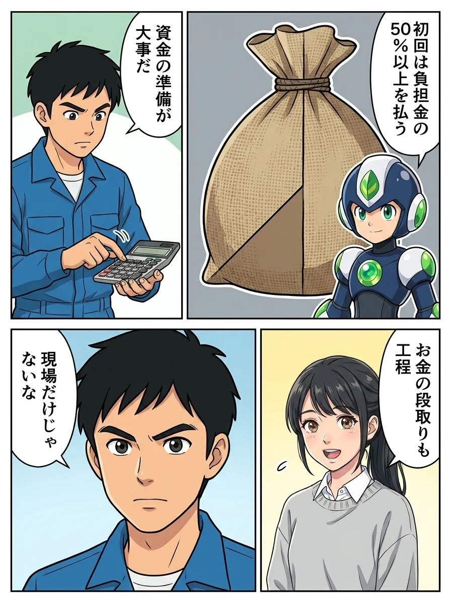 タンソーマン「初回は負担金の50%以上を払う」／ショウタ「資金の準備が大事だ」／アオイ「お金の段取りも工程」／ショウタ「現場だけじゃないな」