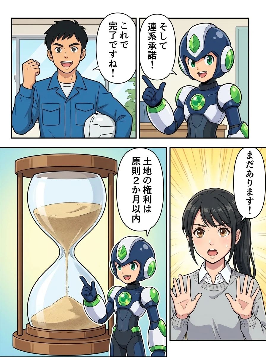 タンソーマン「そして連系承諾！」／ショウタ「これで完了ですね！」／アオイ「まだあります！」／タンソーマン「土地の権利は原則2か月以内」