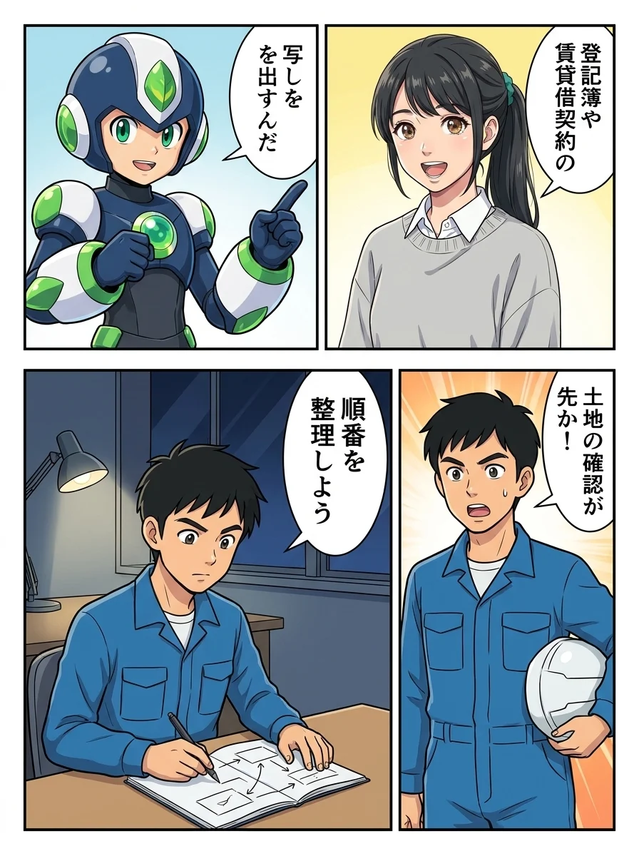 アオイ「登記簿や賃貸借契約の」／タンソーマン「写しを出すんだ」／ショウタ「土地の確認が先か！」／ショウタ「順番を整理しよう」