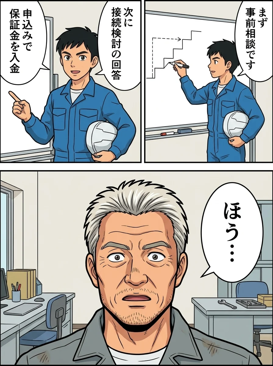 ショウタ「まず事前相談です」／ショウタ「次に接続検討の回答」／ショウタ「申込みで保証金を入金」／上司「ほう…」