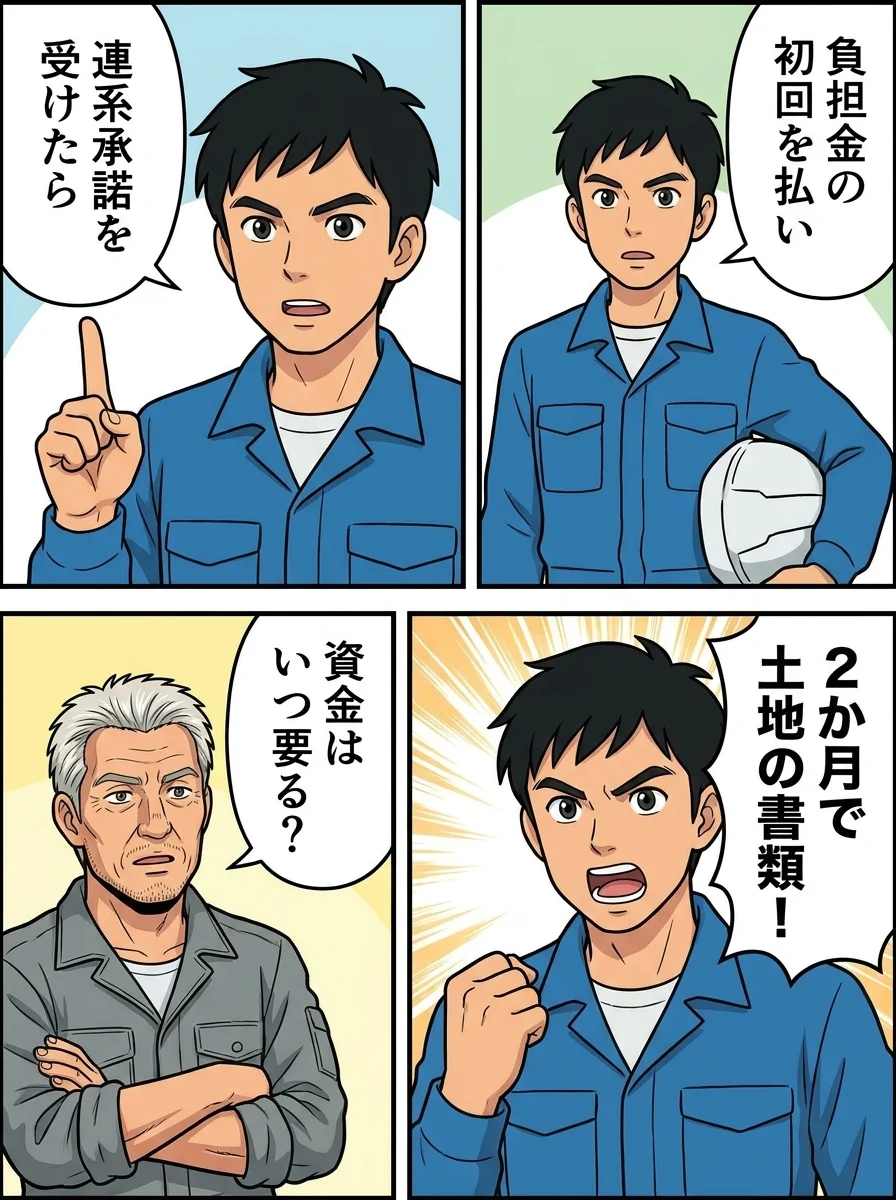 ショウタ「負担金の初回を払い」／ショウタ「連系承諾を受けたら」／ショウタ「2か月で土地の書類！」／上司「資金はいつ要る？」