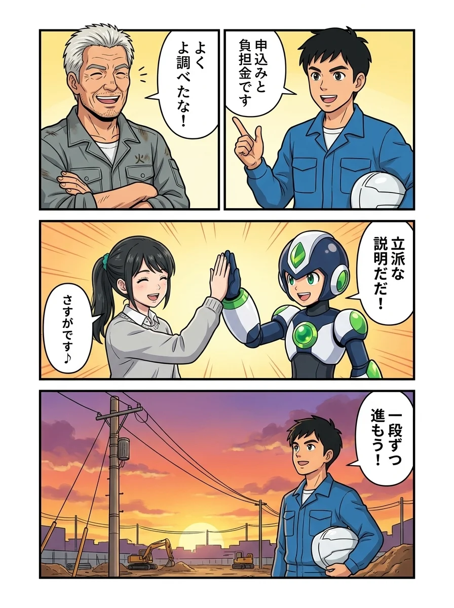 ショウタ「申込みと負担金です」／上司「よく調べたな！」／タンソーマン「立派な説明だ！」／アオイ「さすがです♪」／ショウタ「一段ずつ進もう！」