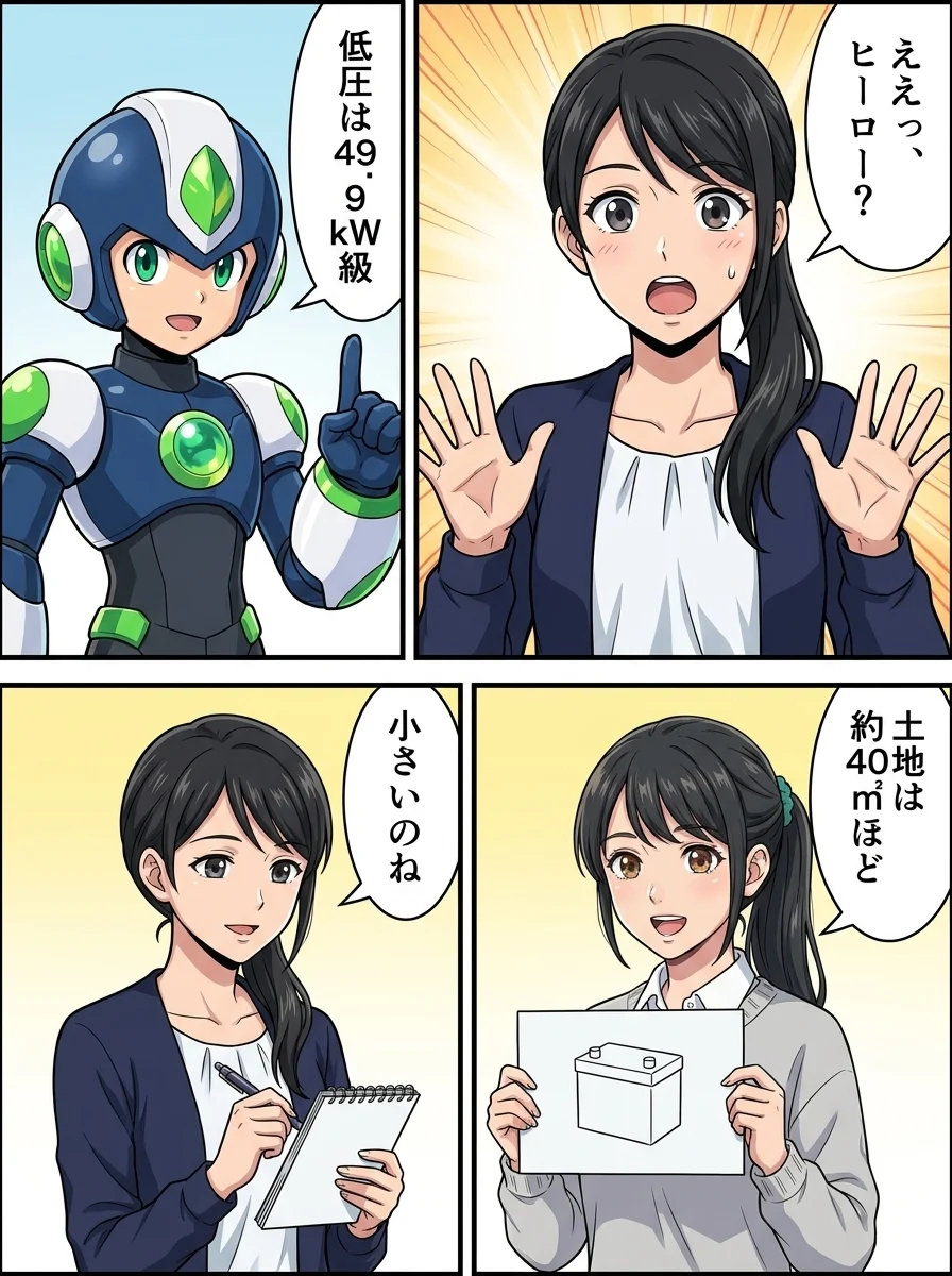 ナオミ「ええっ、ヒーロー？」／タンソーマン「低圧は49.9kW級」／アオイ「土地は約40㎡ほど」／ナオミ「小さいのね」