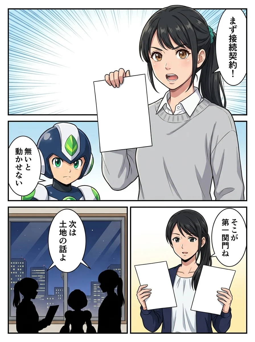 アオイ「まず接続契約！」／タンソーマン「無いと動かせない」／ナオミ「そこが第一関門ね」／アオイ「次は土地の話よ」