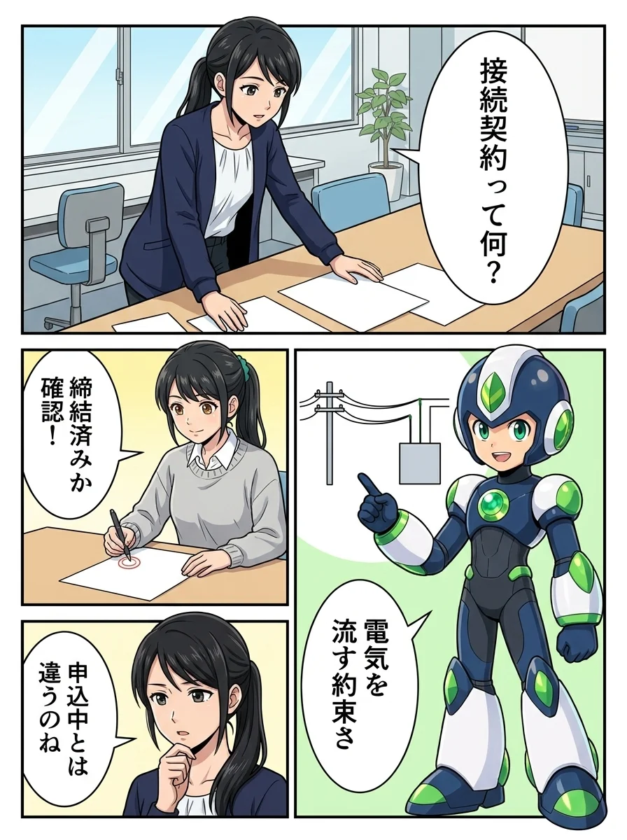 ナオミ「接続契約って何?」/タンソーマン「電気を流す約束さ」/アオイ「締結済みか確認!」/ナオミ「申込中とは違うのね」