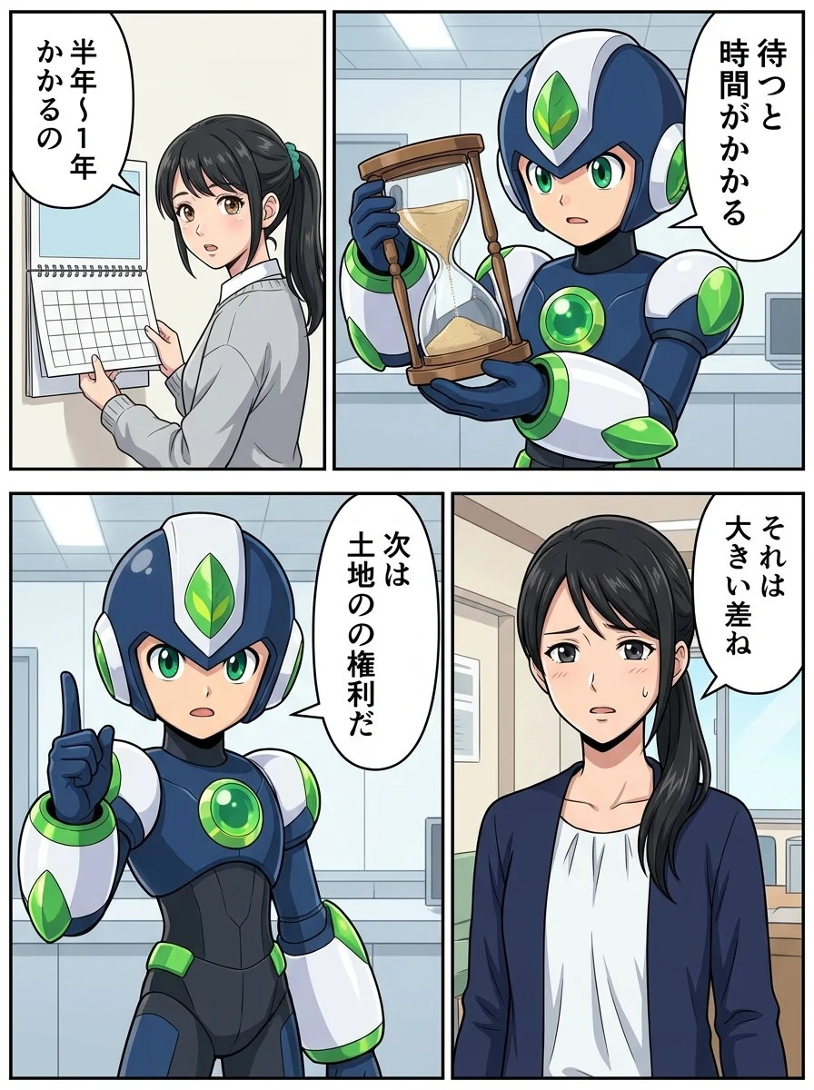 タンソーマン「待つと時間がかかる」/アオイ「半年〜1年かかるの」/ナオミ「それは大きい差ね」/タンソーマン「次は土地の権利だ」