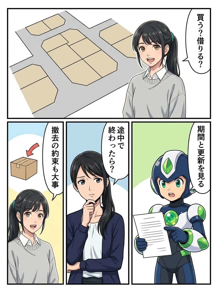 アオイ「買う?借りる?」/タンソーマン「期間と更新を見る」/ナオミ「途中で終わったら?」/アオイ「撤去の約束も大事」