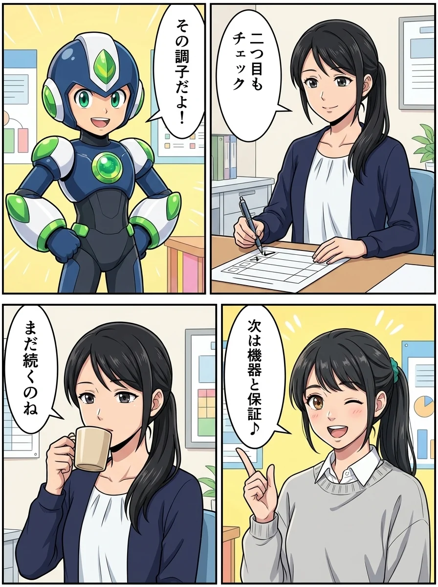 ナオミ「二つ目もチェック」/タンソーマン「その調子だよ!」/アオイ「次は機器と保証♪」/ナオミ「まだ続くのね」