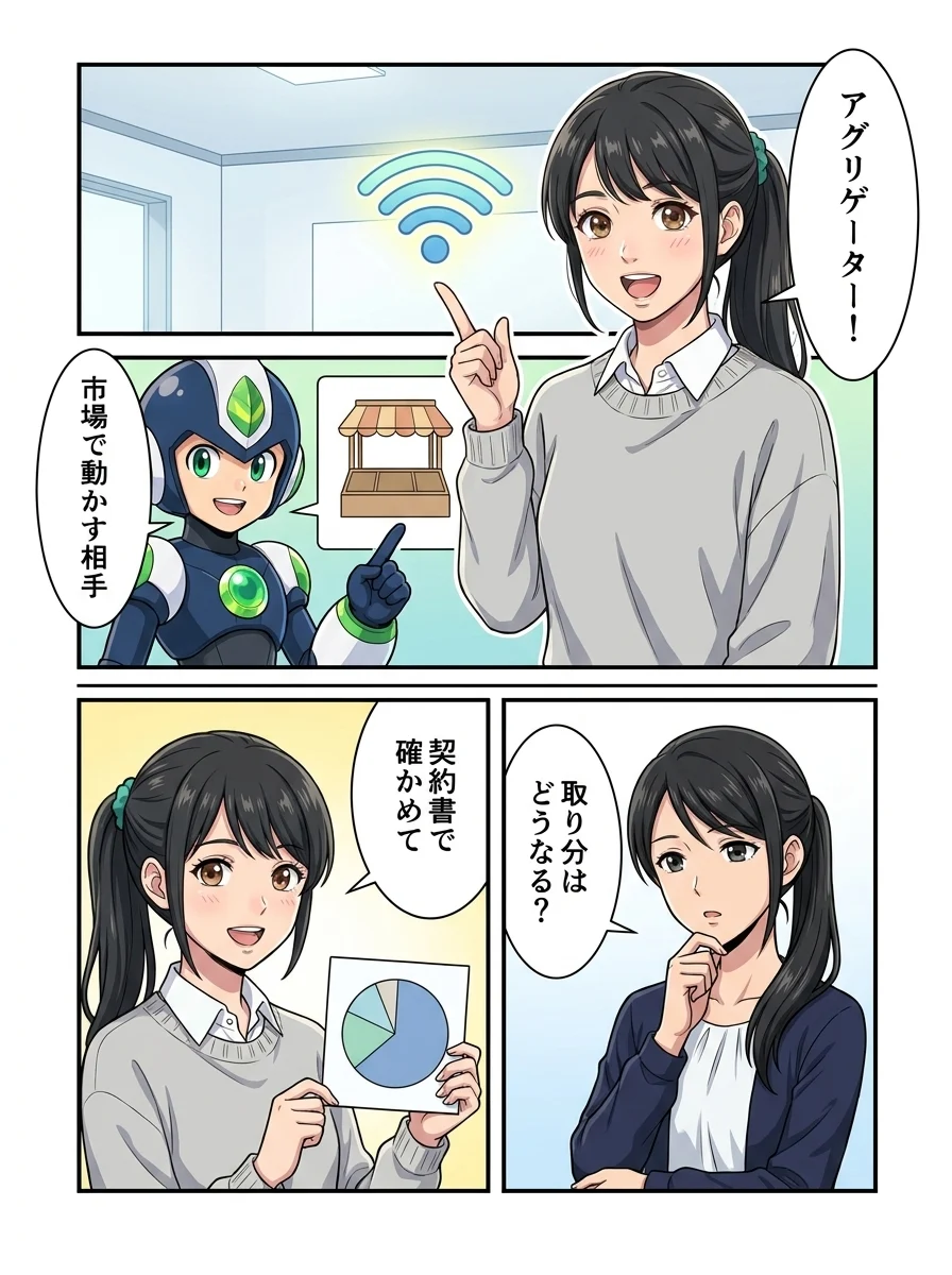 アオイ「アグリゲーター!」/タンソーマン「市場で動かす相手」/ナオミ「取り分はどうなる?」/アオイ「契約書で確かめて」