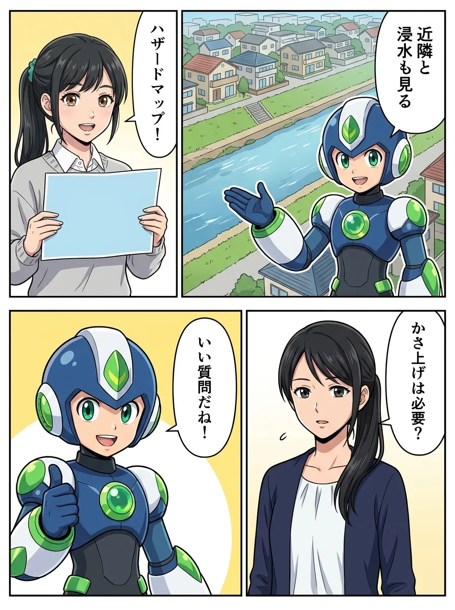 タンソーマン「近隣と浸水も見る」/アオイ「ハザードマップ!」/ナオミ「かさ上げは必要?」/タンソーマン「いい質問だね!」