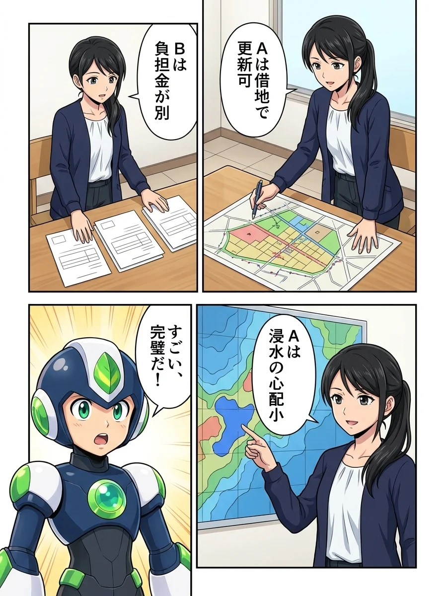 ナオミ「Aは借地で更新可」/ナオミ「Bは負担金が別」/ナオミ「Aは浸水の心配小」/タンソーマン「すごい、完璧だ!」