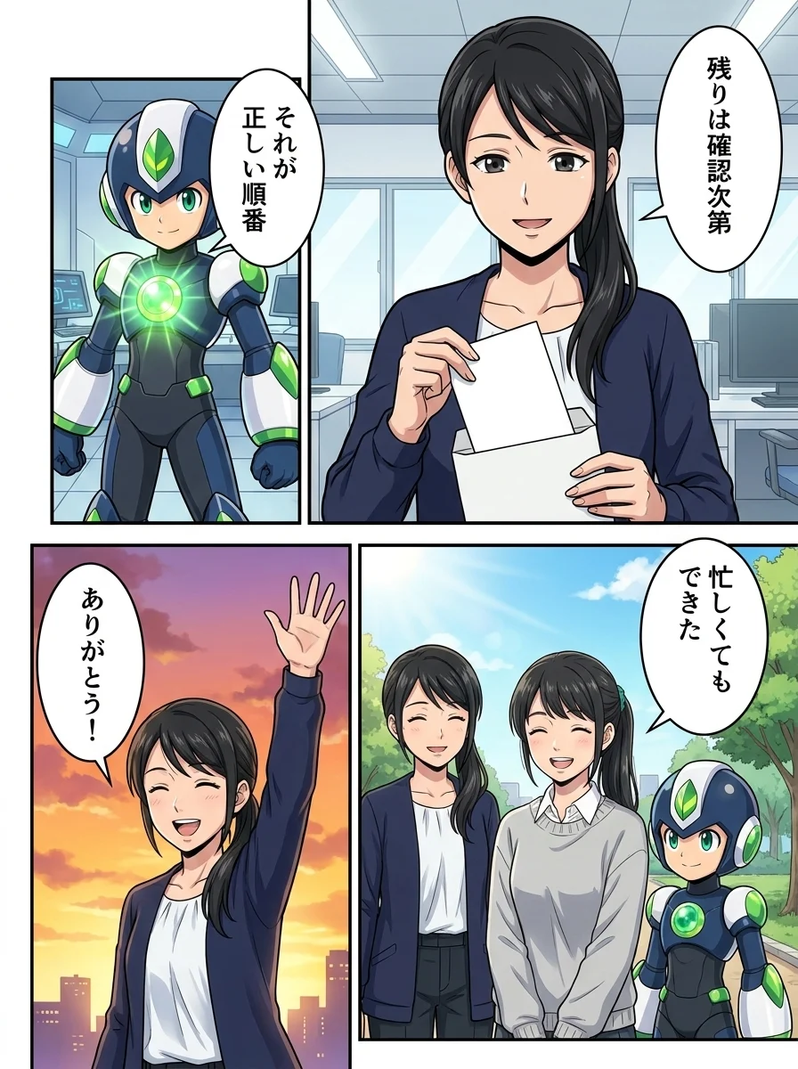ナオミ「残りは確認次第」/タンソーマン「それが正しい順番」/アオイ「忙しくてもできた」/ナオミ「ありがとう!」